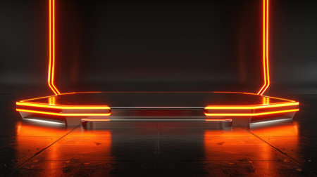 Futuristic cyber stage podium with neon orange glow on black background, ideal for product presentation mock-ups. 3D rendering.の素材