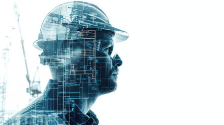 Male construction engineer's side profile with transparent architectural blueprints overlaid, symbolizing his role in construction planningの素材