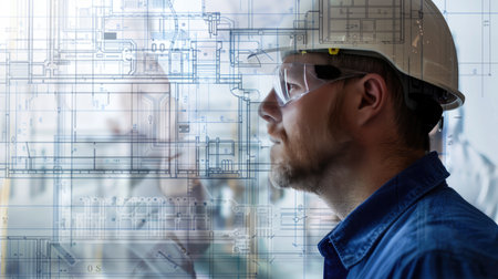 Male construction engineer's side profile with superimposed architectural blueprints, showcasing his role in architectural planning.の素材