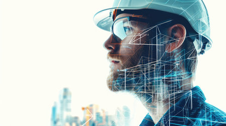 Male construction engineer's side profile with transparent architectural blueprints overlaid, symbolizing his role in construction planningの素材