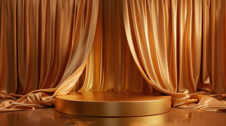 Opulent stage featuring a gold fabric podium and draped silk cloth, offering an abstract and elegant display for premium product presentations.の素材
