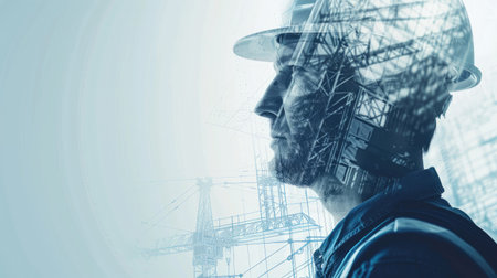 Male construction engineer's side profile with superimposed architectural blueprints, showcasing his role in architectural planning.の素材