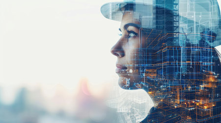 Profile of a female construction engineer overlaid with architectural blueprints, highlighting her expertise in building design.の素材