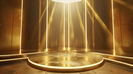 Opulent gold light beams converging on an elegant podium, creating a premium environment for showcasing luxury items.の素材