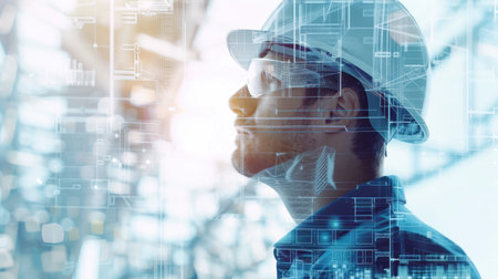 Profile of a male construction engineer with transparent architectural blueprints overlaid, demonstrating his architectural skills.の素材