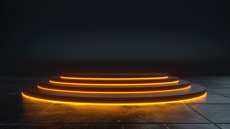 Neon orange glowing podium on dark futuristic stage, perfect for modern showroom product showcases. 3D rendering mock-up templateの素材