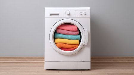 This modern washing machine features a front view of colorful towels stacked inside, set against a soft gray wall, perfect for enhancing any laundry room's aesthetic.の素材