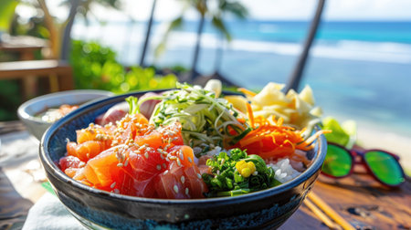 A vibrant poke bowl with fresh sashimi, vegetables, and rice on a tropical beachside tableの素材