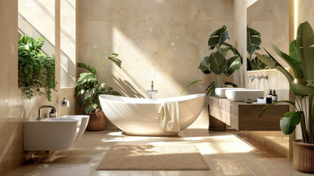 A fresh bathroom with a sparkling tub and neatly arranged plants, reflecting cleanliness and natural beautyの素材
