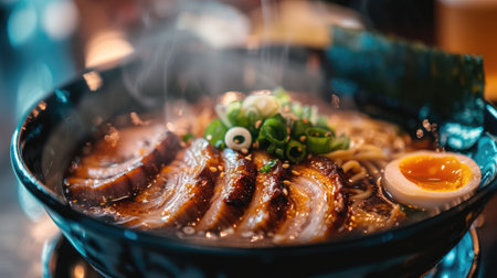 A close-up of a steaming hot bowl of miso ramen with slices of pork, seaweed, and a soft-boiled eggの素材