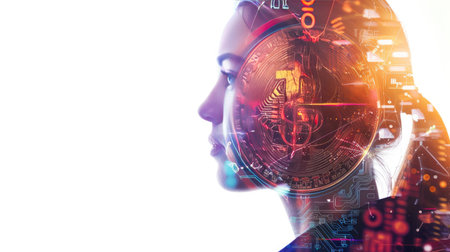 AI professional's side profile in double exposure, highlighting Bitcoin and blockchain technology in vibrant hues against white backgroundの素材