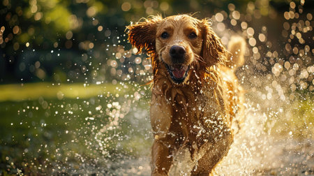 A joyful dog frolics through a sprinkler's spray, embracing the cool refreshment of playtime.の素材