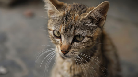 A mournful kitty sits alone, whiskers drooping with sorrow.の素材