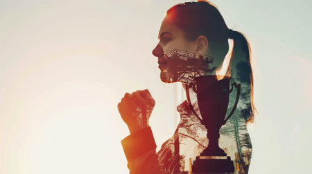 Businesswoman fist pump with a double exposure of a trophy, highlighting her professional accomplishments. --ar 16:9 Job ID: 199529d5-0b28-420d-9e72-5d7b5d2fbd8fの素材