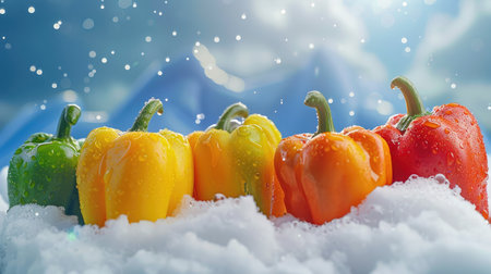 A collection of colorful bell peppers with droplets of water on a white mountain, emphasizing their freshness.の素材