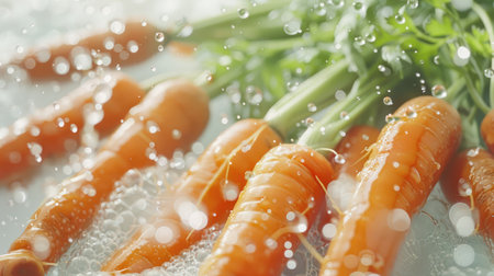 Freshly harvested carrots with drops of water glistening on a white background, emphasizing their freshness.の素材