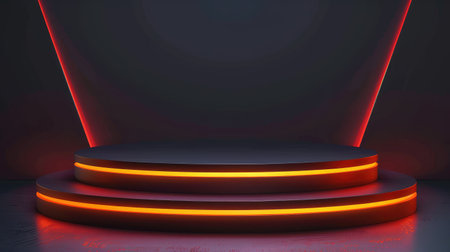 Modern showroom podium with dark cyber design and neon orange glow, perfect for futuristic product displays. Vector illustration.の素材