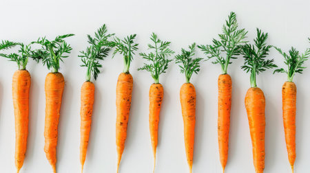 Bright orange carrots arranged in a line on a white background, emphasizing their uniformity and freshness.の素材