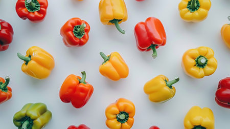 Various bell peppers in different colors scattered on a white mountain, creating a colorful and fresh look.の素材