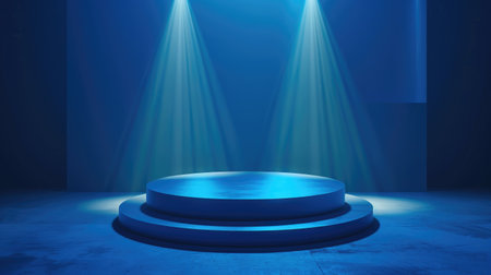 An empty podium scene for product presentation, illuminated by striking blue dramatic lighting. Perfect for showcasing luxury items.の素材