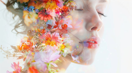 Close-up of a woman face, eyes gently closed, merged with colorful flowers. Double exposure on white background, showcasing inner beauty and tranquility.の素材