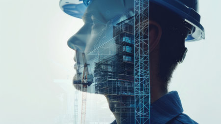 Male construction engineer's side profile with transparent architectural blueprints overlaid, symbolizing his role in construction planningの素材
