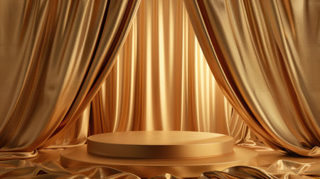 Gold fabric podium on a luxurious stage, elegantly draped with silk cloth, creating an abstract and elegant setting for premium product displays.の素材