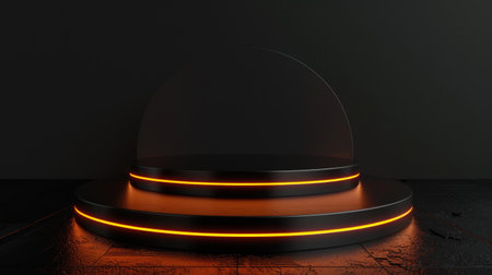 Sci-fi podium with neon orange lights on a dark cyber stage, ideal for modern product presentations. 3D rendering mock-up template.の素材