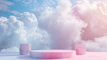 Serene cloud background podium with abstract pastel hues, offering a dreamy scene for product showcases. Minimalistic design with geometric accents.の素材