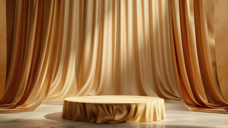 Luxurious stage featuring a gold fabric podium adorned with silk cloth, creating an abstract and elegant display for premium products.の素材