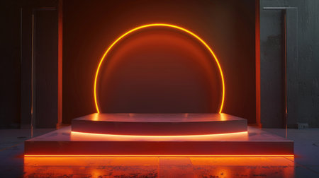 Modern showroom stage with sci-fi podium, neon orange glow on a dark background, perfect for product showcase mock-ups. 3D rendering.の素材
