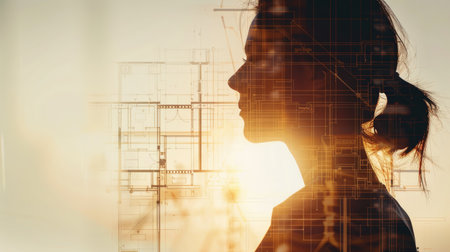 Side profile of a female construction engineer with architectural blueprints transparently overlaying her silhouetteの素材