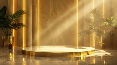 Simple yet elegant podium bathed in opulent gold light beams, ideal for creating a premium showcase for luxury items.の素材