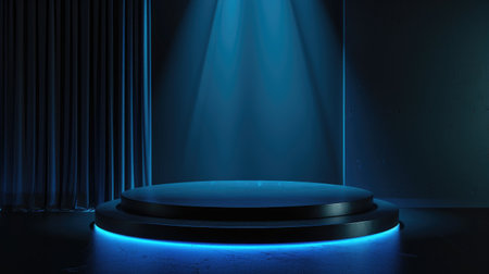 Striking blue dramatic lighting on an empty podium, setting the scene for an elegant and high-impact product presentation.の素材