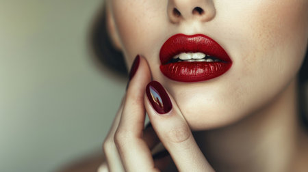 Effortless glamour: Woman with red matte lips and minimalist nail design, a perfect balance of chic and striking beauty."の素材