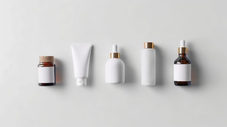 Define your beauty narrative: Minimalist beauty product bottles on white, a blank canvas for your branding masterpieceの素材