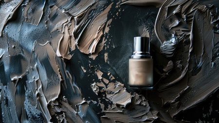 Embrace perfection: Beige tonal cream bottle meets a dark canvas, capturing the essence of flawless makeup essentials.の素材