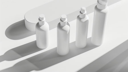 Explore the essence of modern skincare: Blank beauty product bottles on white, minimalist design, ready for your brand's identity.の素材