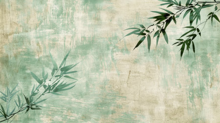 Embrace serenity with bamboo leaves on a muted green canvas: A refined background exuding tranquility and sophistication.の素材