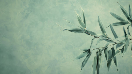 Invite tranquility into your design: Sparse bamboo leaves on muted green, a refined background radiating peaceful vibes.の素材