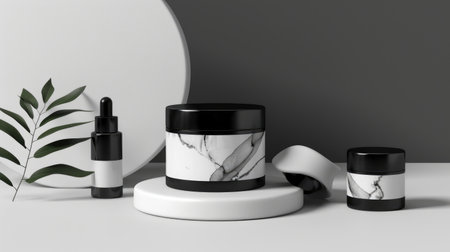 Unveil your brand's elegance: Black and white skincare packaging mockup, the epitome of modern cosmetic sophistication.の素材