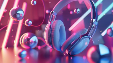 Embark on an audio adventure: Futuristic headphones against a dynamic, modern backdrop."の素材