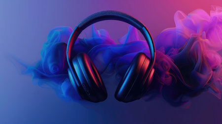 Immerse in sonic excellence with sleek headphones against a vibrant, abstract backdropの素材