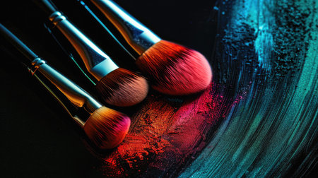 Brushes of perfection: Full-color makeup tools against a black backdrop, creating an elegant banner for the beauty industry.の素材