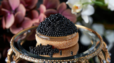 Experience culinary opulence: Black caviar showcased atop an indulgent base, epitomizing the pinnacle of gastronomic luxury."の素材