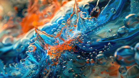 Journey through a realm of captivating visuals: Blue and orange liquids meld in exquisite detail, forming an enchanting spectacleの素材