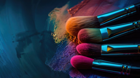 Brush up on beauty: Vibrant makeup brushes against black, a captivating banner for the beauty industry, offering space for your textの素材