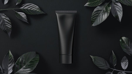 Define elegance: Minimalist black cosmetic tube on black background, a versatile packaging mockup awaiting your unique designの素材