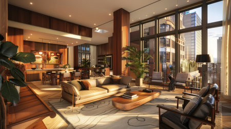 Indulge in modern luxury: Wooden base brings warmth to an elegant apartment, accented by sleek modern furnishings and decorの素材