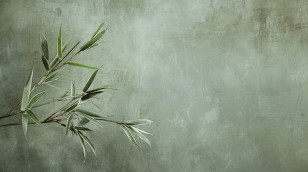 Find harmony in simplicity: Sparse bamboo leaves on muted green, a refined backdrop for your design aspirations."の素材